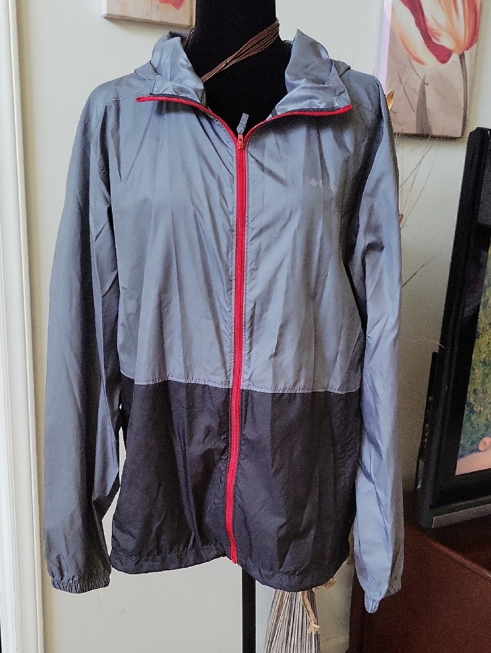 Columbia Gray and Black Hooded Utility Jacket with Red Zip